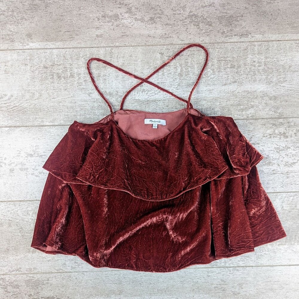 Madewell Ruffle Velvet Cropped Tank Top Small Red Silk Blend Sleeveless